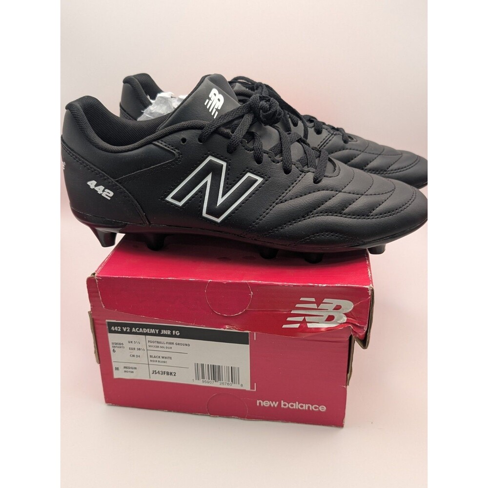 New Balance 442 V2 Academy JNR FG Kids Soccer Cleats Black White JS43FBK2 Size 6